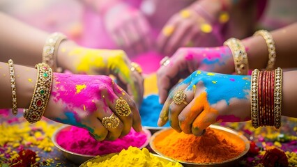 Vibrant holi celebration with colorful powders and ornate jewelry