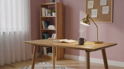 Fototapeta premium A wooden desk with an open book, a steaming mug, and a brass table lamp in a cozy home office setting.