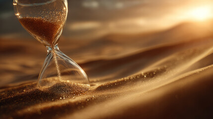 A close-up of an hourglass on golden sand with sunlight illuminating dunes in the background, symbolizing time and mindfulness