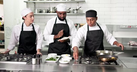 Cooking, mentor or group in restaurant with training, culinary knowledge or instruction in meal preparation. Hospitality, people or chef with lesson, cuisine process or dish guidance in kitchen