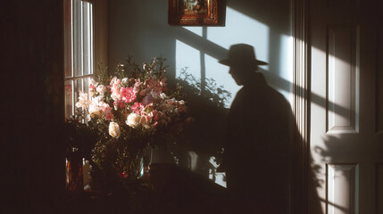 A poetic interior scene with floral arrangements and dramatic shadows of a hat-wearing figure, blending nature and emotion in warm tones