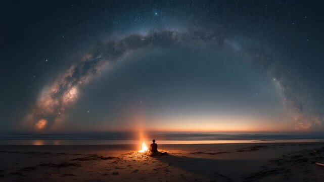 Ultra HD Solitary figure sitting by a bonfire on a beach under a spectacular arch of the milky way galaxy at twilight video