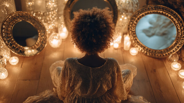 Warm candlelit scene with ornate mirrors framing a seated woman, rear view. Vintage textures and soft light suggest self-reflection, healing, and contemplative feminine energy