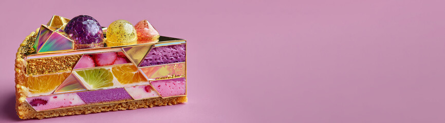 Jewel-toned geometric dessert featuring layered mousse and fruit, gold-bordered polygons, and playful gelatin toppers in a bold pink minimal studio setting