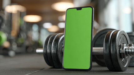 Modern fitness concept with phone and dumbbells, chroma key for customizable interfaces, wearable integrations, mindful habits, recovery tools, and premium subscription promos