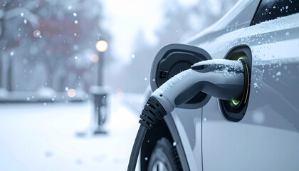 Electric Car Charging in Winter: An electric car is depicted charging in a snowy environment, highlighting eco-friendly transport during cold weather, with the charging cable connected.