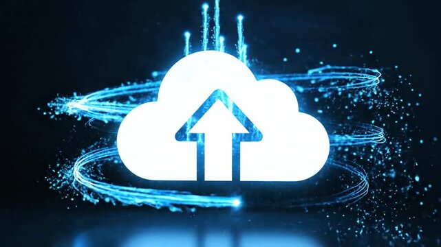 Abstract cloud computing graphic with blue light trails and upload arrow digital illustration