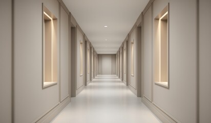 Modern interior corridor with illuminated niches and calm design elements