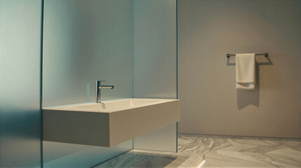 A modern white rectangular bathroom sink mounted on a frosted glass wall with a chrome faucet, set against neutral walls and marble flooring.