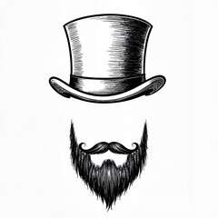 Vintage top hat with beard illustration on white background, timeless elegance