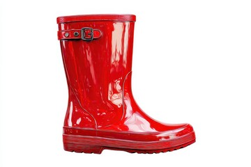 Bright red rubber boot perfect for wet weather activities on a rainy day in the park, ready for outdoor fun and splashing in puddles