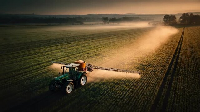Tractor with a boom sprayer spraying crops across a vast field at sunset.