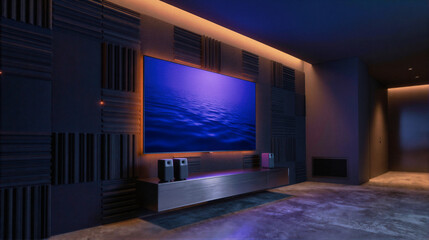 A modern home theater room with a large screen displaying ocean waves, acoustic panels on walls, and ambient lighting.