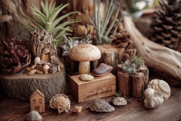 Creative studio showcasing natural and organic materials with intricate designs and textures in a nature-inspired arrangement