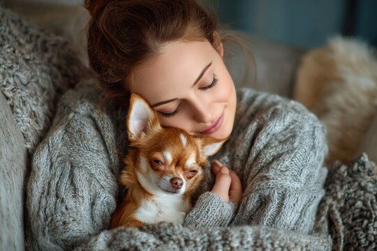 Happy woman enjoys a cozy moment with her Chihuahua in a warm living room filled with soft blankets and comfort