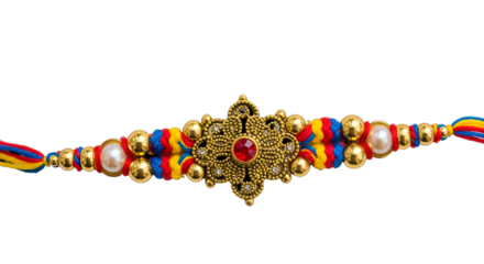 Traditional Rakhi bracelet with golden beads colorful threads and an ornate centerpiece
