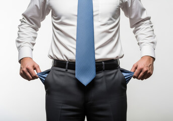 Broke businessman pulling out empty pockets showing bankruptcy, debt and financial crisis concept
