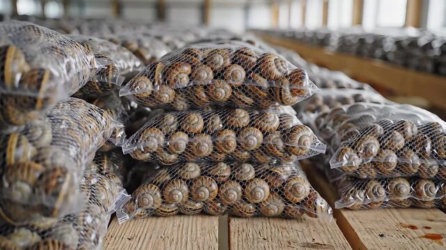 Bags of live snails ready for sale at a snail farm.