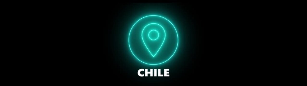 Neon Cyan Location Pin Icon with Text CHILE on Black Background map marker navigation