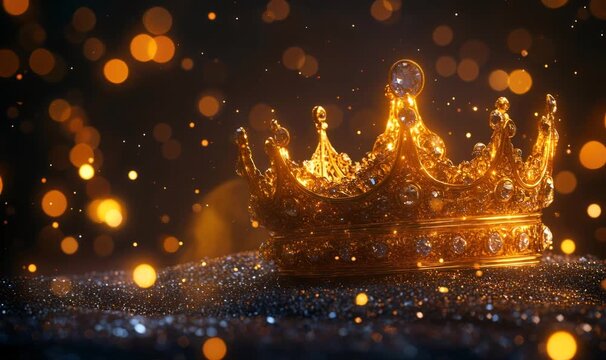 Golden royal crown sitting on a dark glittery surface, illuminated by shimmering warm bokeh lights, representing power and luxury
