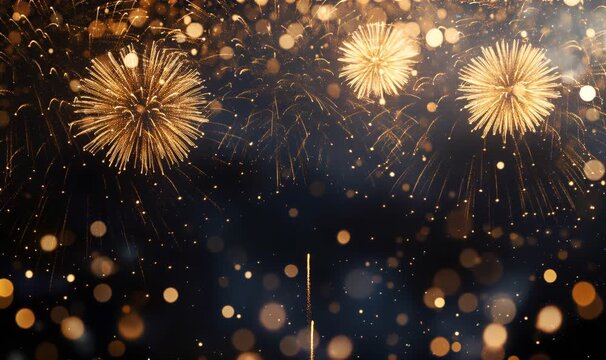 Golden fireworks bursting against a dark background, with sparkling bokeh lights creating a festive atmosphere for celebrations