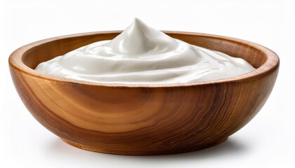 Creamy yogurt in wooden bowl