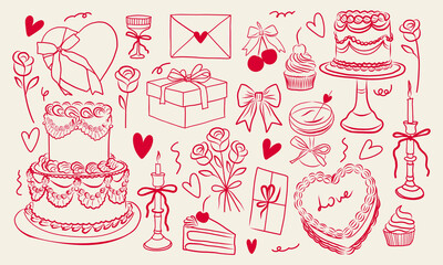 Set of retro whimsical vintage elements for Valentines day, wedding invitation, birthday card. Line art desserts, sweet treats, drinks, gift boxes, greeting cards, and roses.