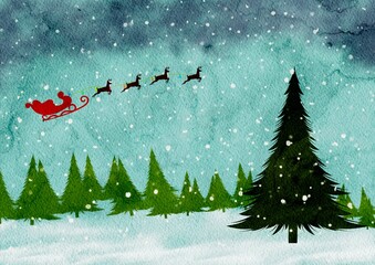 winter landscape with christmas trees and Santa sleigh flying in the sky with reindeer 