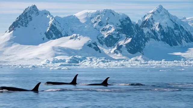 Two orcas swimming in icy Antarctic waters with snow‑covered mountains in the background.