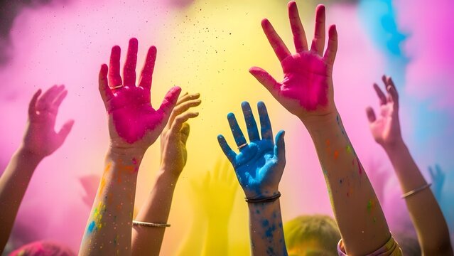 Celebrating holi festival with colorful hands raised in joy