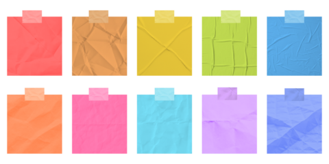 different colored sticky notes taped against wall isolated on white or transparent png