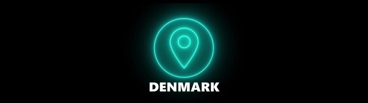 Neon Location Pin Icon with Denmark Text on Black Background map marker navigation