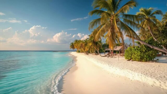 Tropical beach with clear turquoise water, white sand, and tall palm trees; lounge chairs line the shoreline.