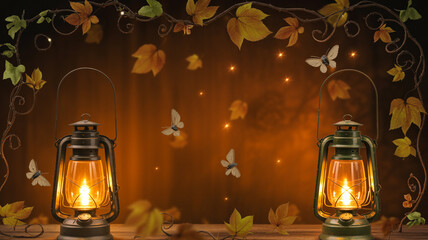 An old fashioned lantern sits on a restaurant table at night alongside a gold glass of whiskey and a red wine bottle