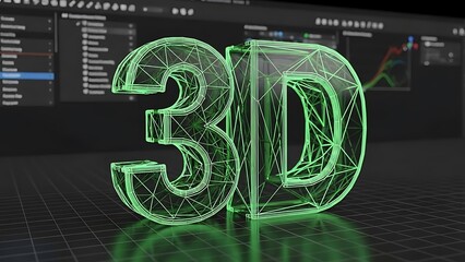 Neon green 3D wireframe text on digital grid image