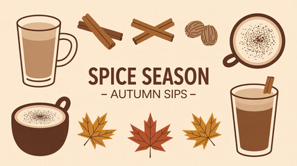 Vector illustration set of hot coffee and tea beverages featuring espresso cups, cappuccino mugs with steam, and aromatic beans for a cafe menu design