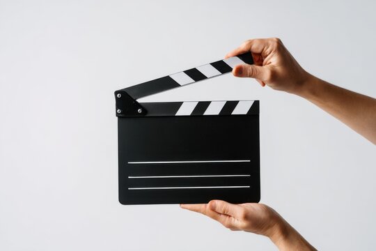 Hands hold a black clapper board for film production during a creative session in a bright studio setting with a neutral background