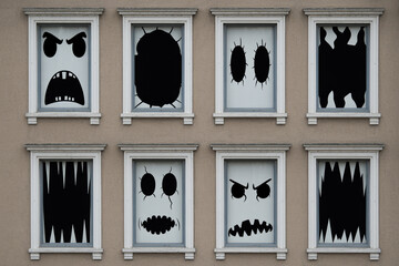 Vector illustration of a set of windows with shutters featuring luck and gambling icons like the ace of spades, hearts, and diamond playing card suits for a casino game