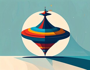 A stylized, abstract spinning top illustration against a pale blue sky and soft white background