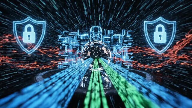 Abstract data security digital graphic with shield padlock symbol and circuit grid