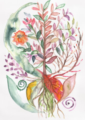Hand Painted Symbolic Botanical Watercolor, Tree of Life with Roots Illustration