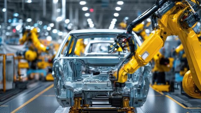 Robotic arms assembling a car on an assembly line in a factory.