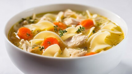 Slow-cooked turkey soup with wide noodles, snowy white minimalism