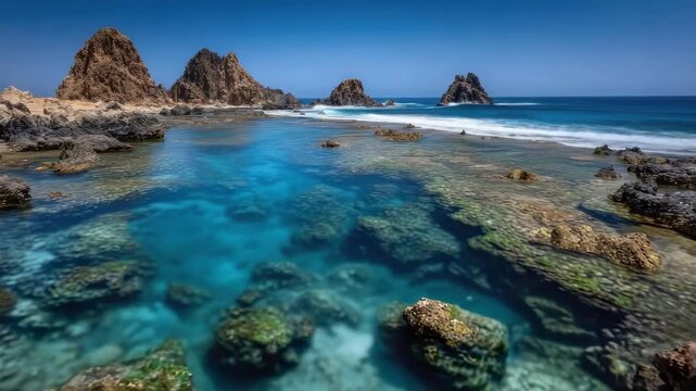 Turquoise tidal pools and clear blue water along a rugged rocky coastline with jagged sea stacks in the distance.