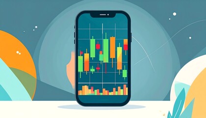 A stylized illustration of a smartphone displaying a candlestick chart on a desk with simple shapes