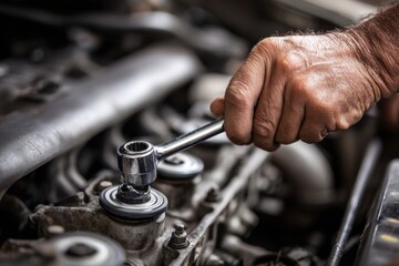 Mechanic repairs car engine using socket wrench in workshop during daytime