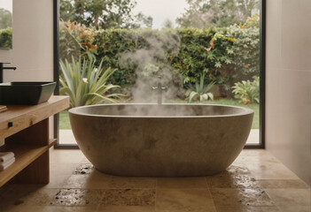 Fototapeta premium A steaming stone bathtub in a modern bathroom with large windows overlooking greenery.