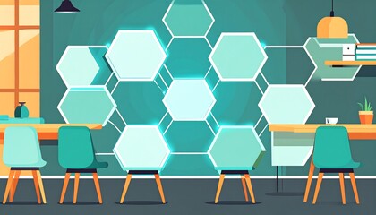 A stylized interior scene with light teal walls, hexagonal motif, wooden accents, & seating arrangement