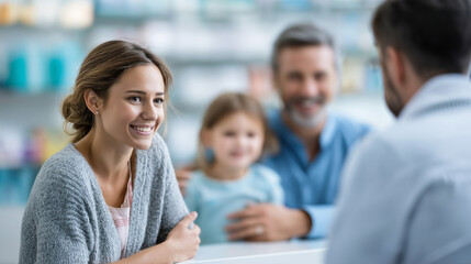 Obraz premium Faceless happy family talking to pharmacist in pharmacy heavily defocused drugstore background anonymous group with healthcare professional consultation medical retail