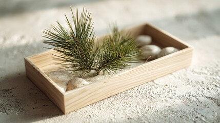 Light wooden tray with simple pine sprig arrangement, pale stone surface